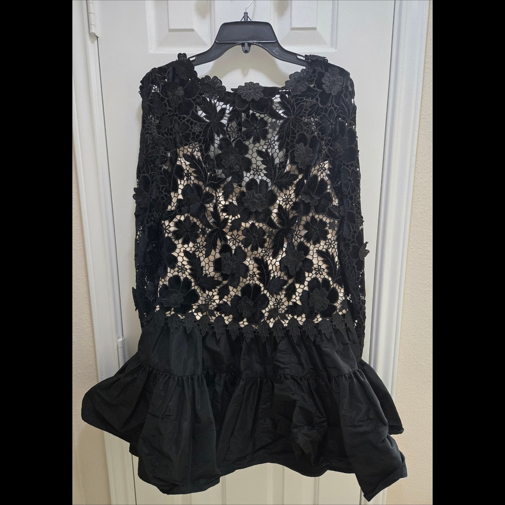 ANTONIO MELANI Cocktail Dress Black Lace Floral Ruffle Layered Skirt Sz 13 NWT